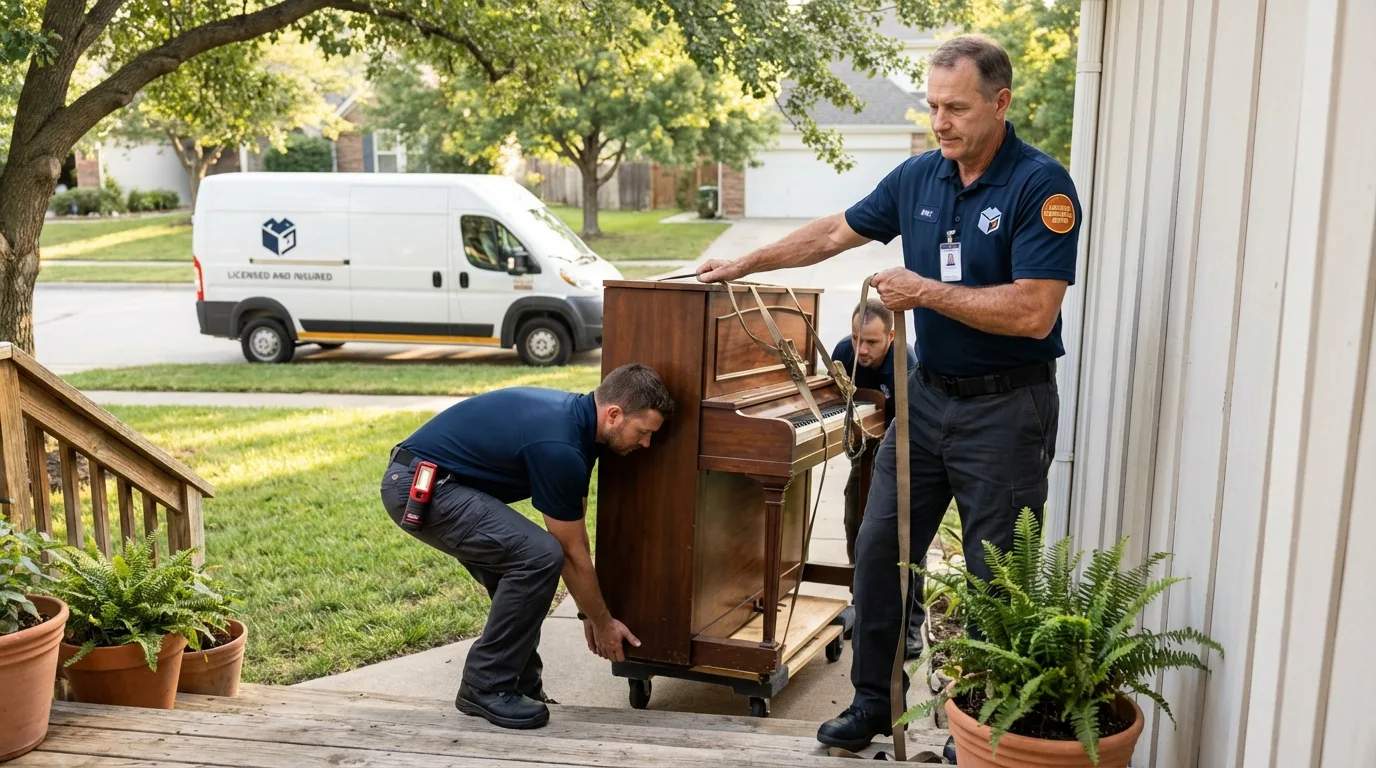 Licensed piano movers securing grand piano in San Luis Obispo, CA