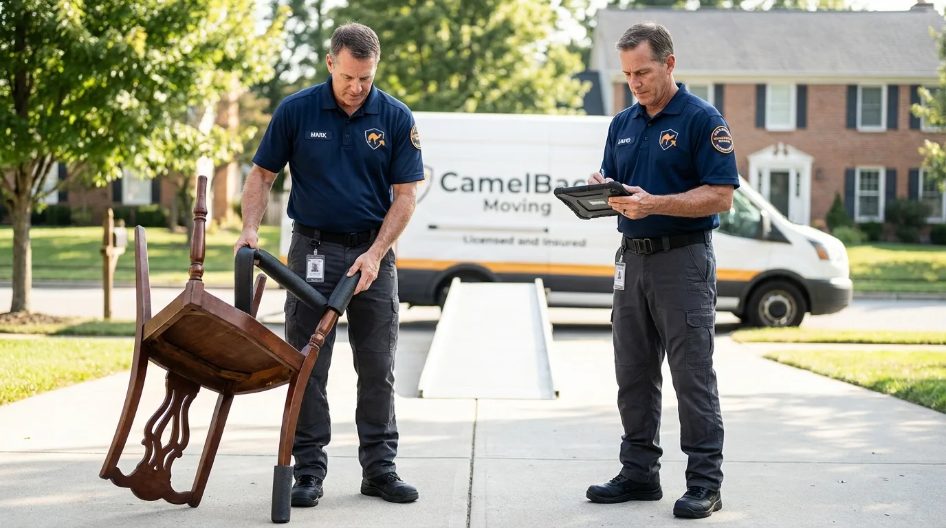 Movers inspecting furniture for damage prevention before loading in San Luis Obispo, CA