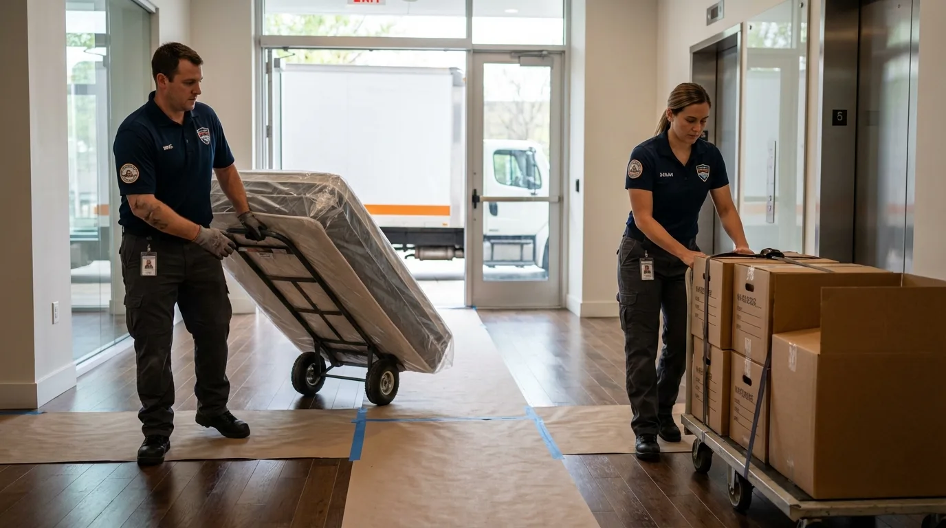 Professional apartment movers loading elevator in San Luis Obispo, CA