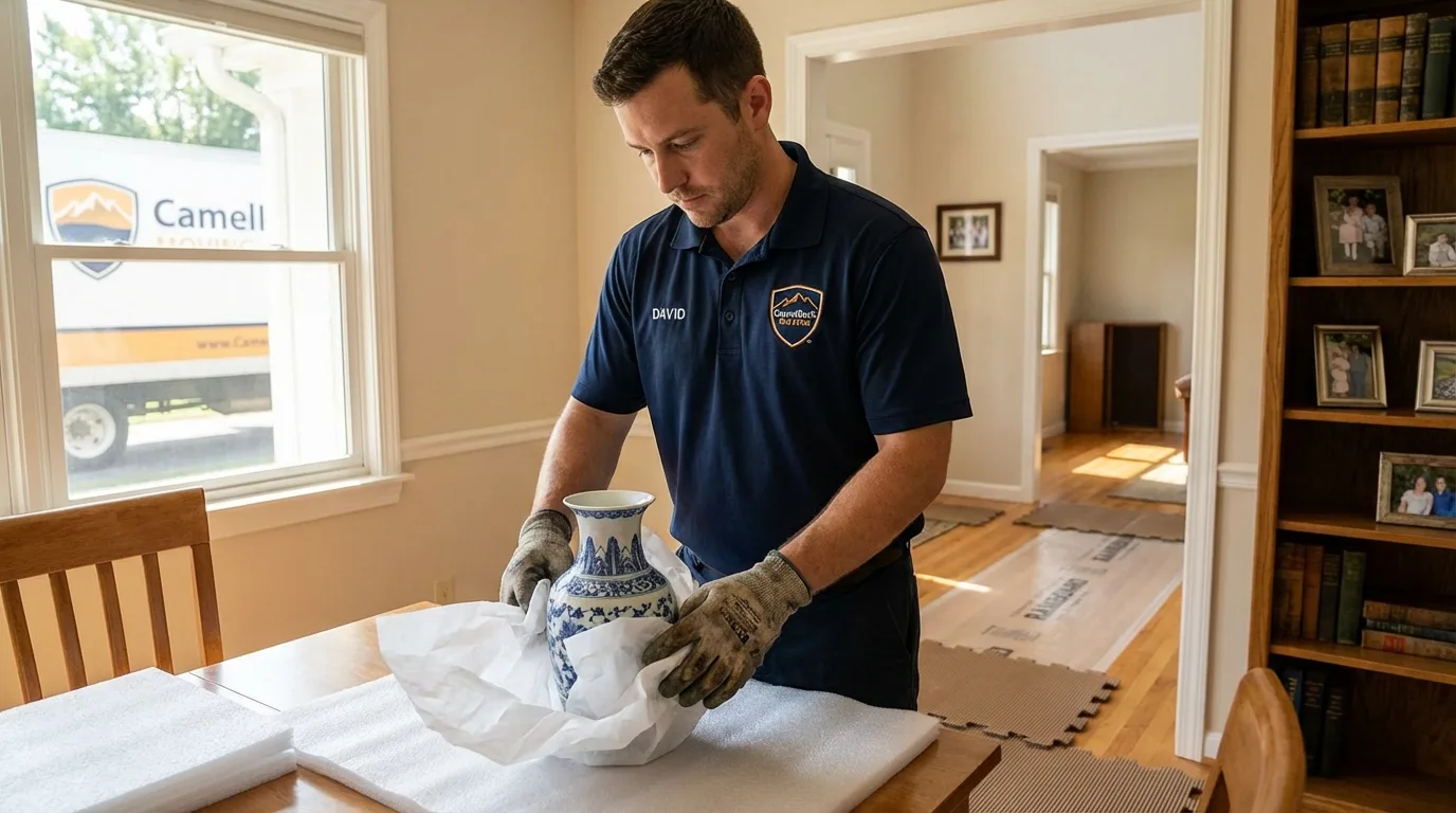 Professional crew carefully wrapping antique vase for senior downsizing move in San Luis Obispo, CA